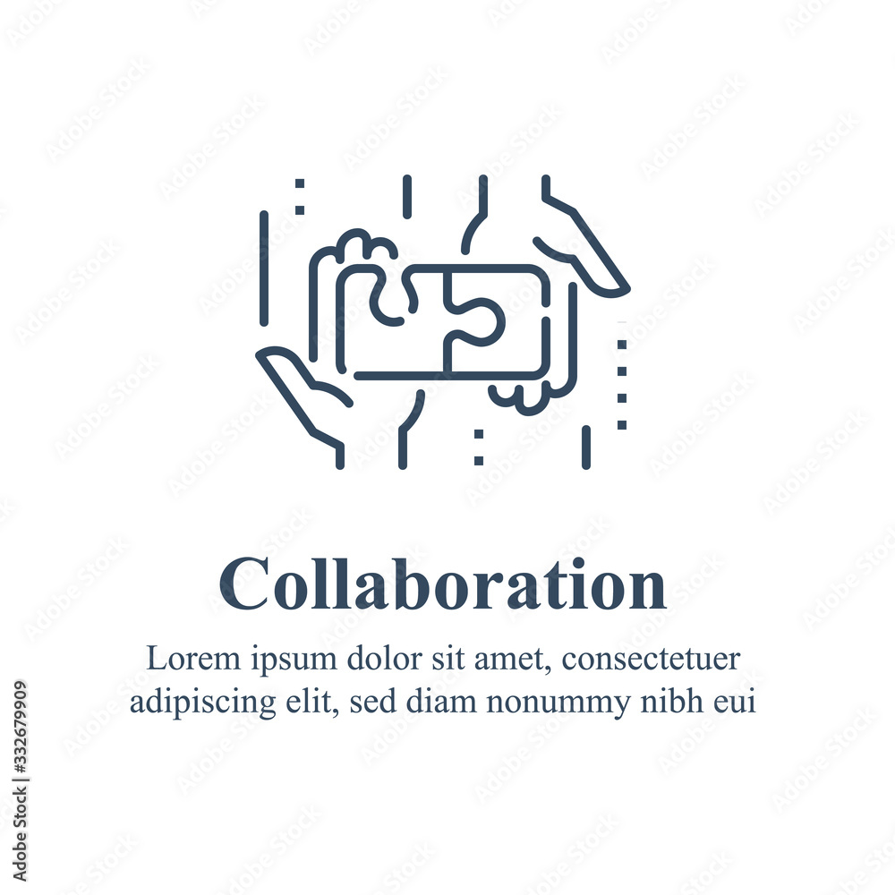 Team work, cooperation or collaboration, unity concept, employee engagement, hand and puzzle jigsaw, simple solution