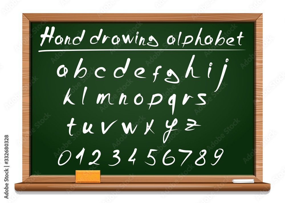 Fototapeta premium Green school board. School hand drawing alphabet. Vector font.