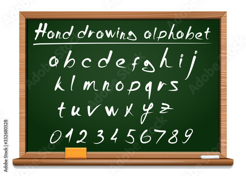Green school board. School hand drawing alphabet. Vector font.