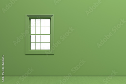 The interior of the room in plain monochrome green color with single window. Green background with copy space. 3D rendering illustration.