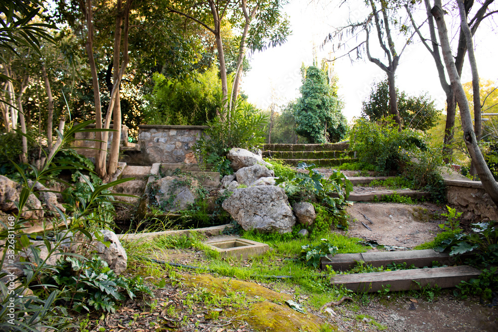 Old abandon park with grass and green moss growing on stones and walls Old abandon park with grass and green moss growing on stones and walls