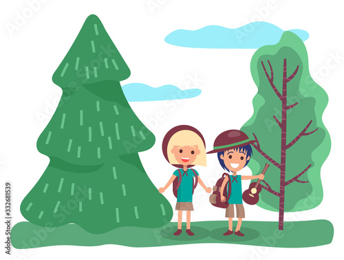 Smiling man and woman wearing casual clothes and backpack climbing. Romantic traveling of male and female holding hands and guitar in forest. People tourists going near trees together vector