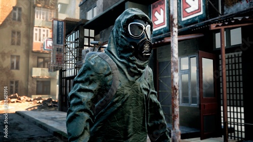 A stray man in military protective clothing and a gas mask is walking through the ruined city. The concept of a post-Apocalyptic world after a nuclear war. 3D Rendering photo