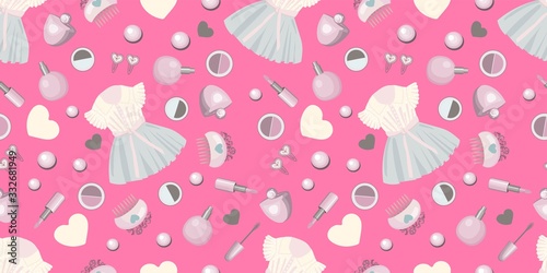 For princess. Seamless pattern with dress, cosmetics and accessories for girls, hairpins. Perfect design for fabric and textile, wrapping paper and wallpaper for walls. Vector pattern..