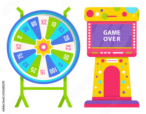 Wheel of fortune with colorful sectors with numbers and slot machine with game over on screen isolated on white. Lucky roulette and arcade games. Gambling and casino concept vector illustration