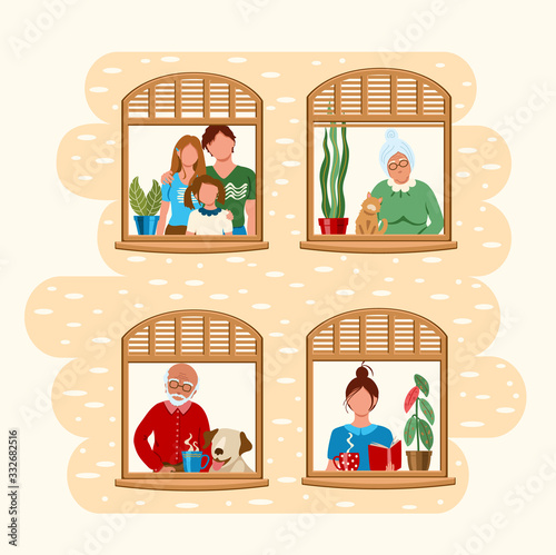 Different people stay home as social distancing to protect from COVID-19. People staying by the window at home in self quarantine. Coronavirus prevention concept. Vector flat illustration