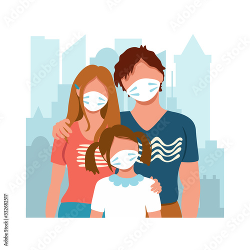 Family wearing protective medical mask staying together on the background of the city. Protection from virus. Coronavirus prevention concept. Vector illustration drawing in flat style