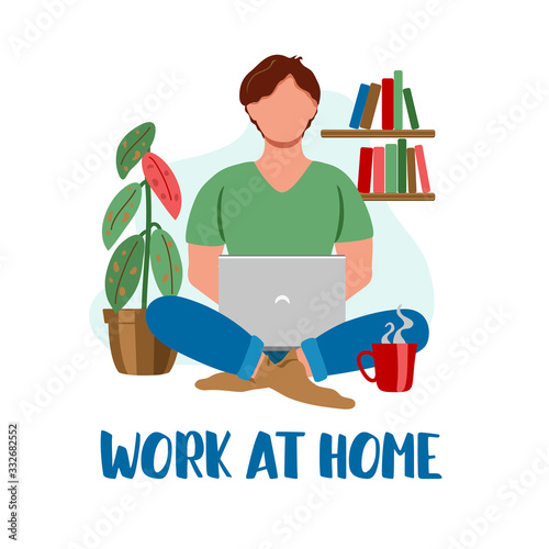 Man with laptop working or studying at home. People at home in self quarantine, protection from virus. Concept for working, freelancing, studying, education, work from home. Vector flat illustration 