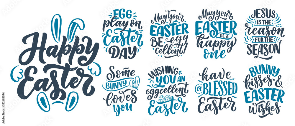 Fototapeta premium Set with calligraphy lettering slogans about Easter for flyer and print design. Templates for banners, posters, greeting postcards. Vector