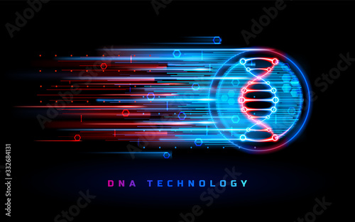 DNA technology, genome research and genetic biotechnology vector blue red neon light background. Human DNA gene, genetics science and biology, scientific medicine and healthcare molecular technology