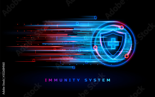 Immunity system protection shield, coronavirus antiviral vaccine medicine, vector neon line background. Viruses and infections, antibacterial medicine, immune system and disease epidemic protection