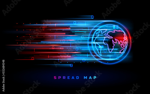 World map spread vector background, blue red neon hot spots. Coronavirus epidemic, war actions and virus disease attack spread on world map, hot news alert backdrop and warning infographic template