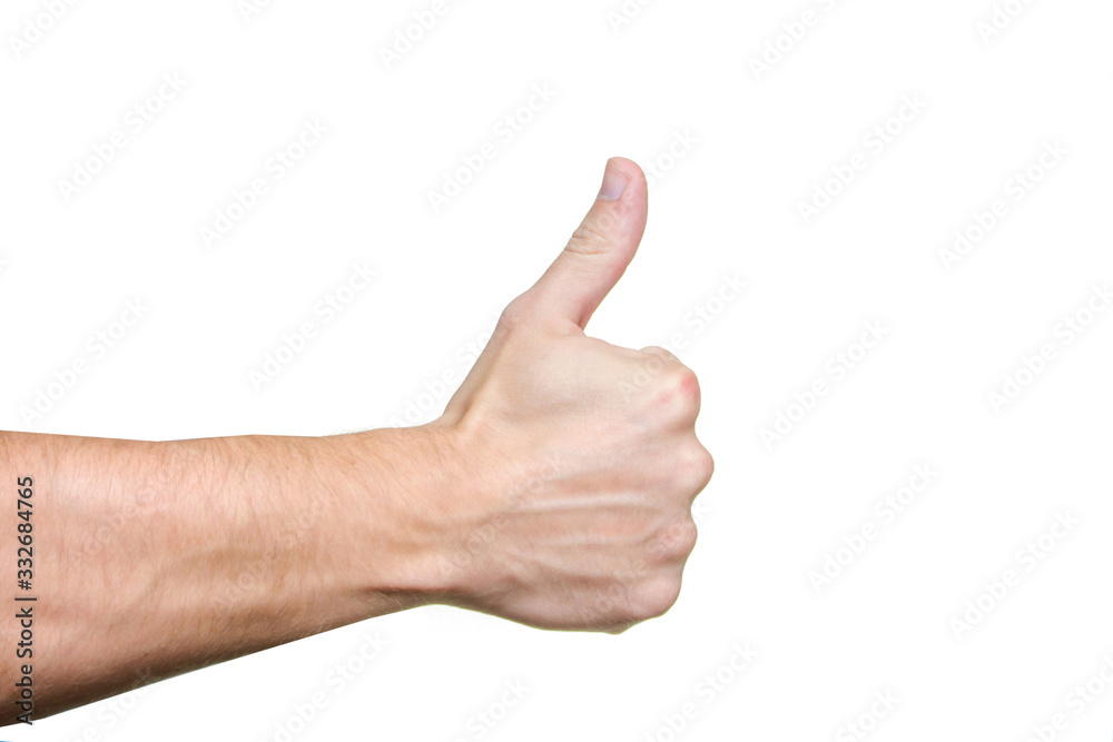 Thumb up hand. Male arm ok yes gesture. Positive approval sign. Empty copy space business success background.
