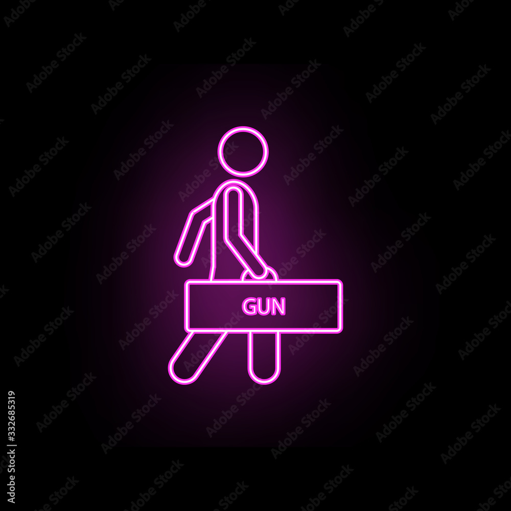 Man with gun bag neon icon. Simple thin line, outline vector of male bag and luggage icons for ui and ux, website or mobile application Man with gun bag neon icon. Simple thin line, outline vector of male bag and luggage icons for ui and ux, website or mobile application
