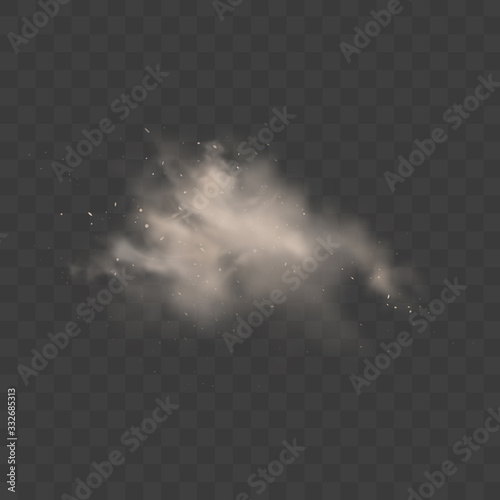Dust sand cloud. Smoke with stones and flying dirty, soil dusty particles isolated on transparent background. Air pollution concept. Realistic vector illustration