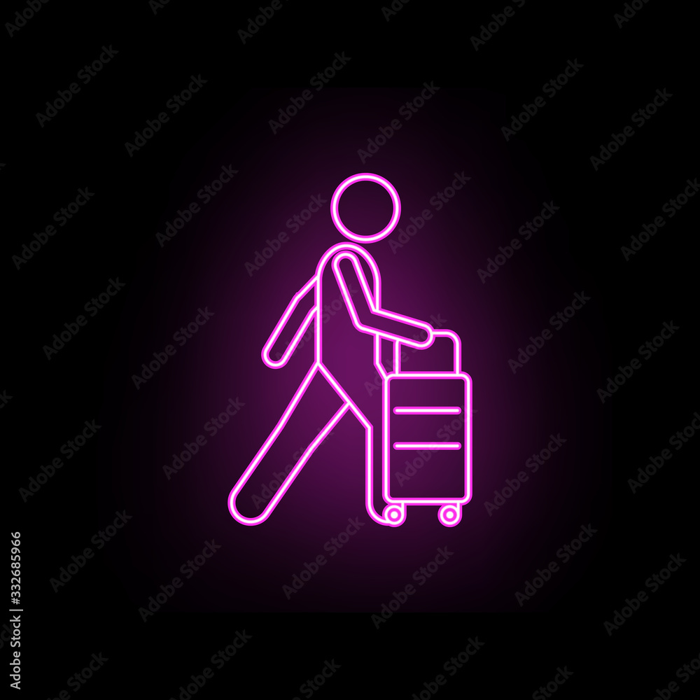 Man and suitcase with wheels neon icon. Simple thin line, outline vector of male bag and luggage icons for ui and ux, website or mobile application Man and suitcase with wheels neon icon. Simple thin line, outline vector of male bag and luggage icons for ui and ux, website or mobile application