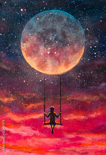 Fototapeta Naklejka Na Ścianę i Meble -  Hand painted acrylic painting Girl guy man riding on big moon planet earth. Fairytale character for a book or fairy tale. Fantasy art.