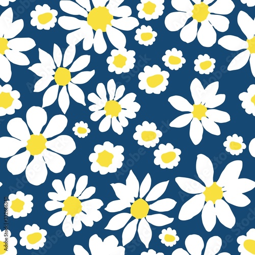 All-over vector seamless repeat pattern with white daisies of different shapes tossed on a dark navy  blue background