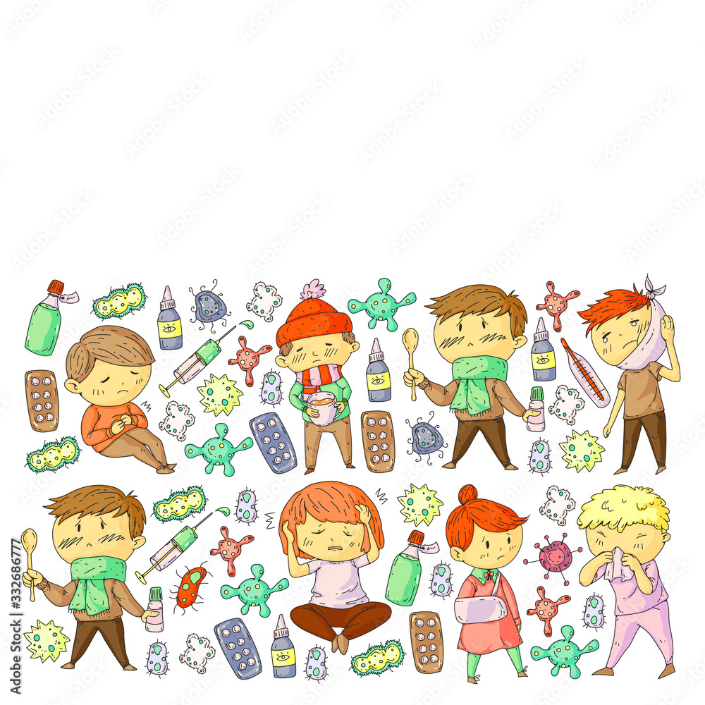 Vector pattern with little children. Illustration of Child diseases, flu, illness Vector pattern with little children. Illustration of Child diseases, flu, illness