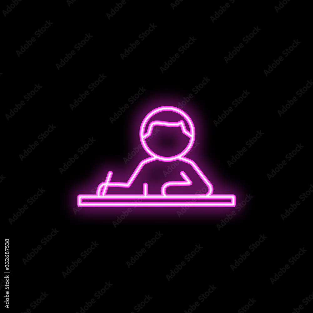 The schoolboy teaches at the lesson neon icon. Simple thin line, outline vector of school icons for ui and ux, website or mobile application The schoolboy teaches at the lesson neon icon. Simple thin line, outline vector of school icons for ui and ux, website or mobile application