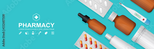 Healthcare and medical bottles set medicine website banner, pharmaceutics for pharmacy and drugstore online vector illustration