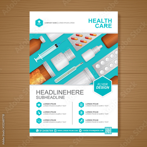 Healthcare and medical cover a4 template design bottles set medicine pharmacy and medical brochure design, flyer, leaflets decoration for printing and presentation vector illustration
