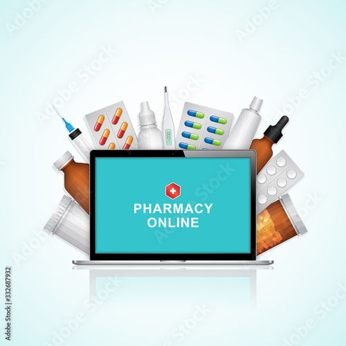 Healthcare and medical online computer notebook with bottles set medicine, pills, healthcare and pharmacy on website for hospital and clinic vector illustration