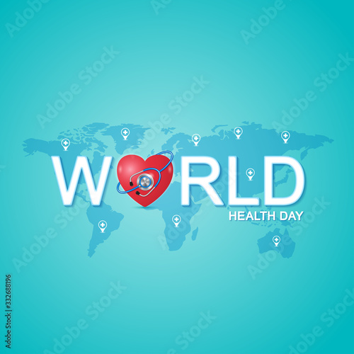World health day concept world map, heartbeat, stethoscope and flat icons for healthcare and medical vector illustration