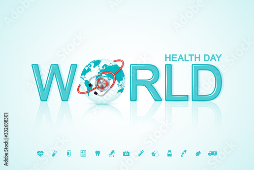 World health day concept world map, heartbeat, stethoscope and flat icons for healthcare and medical vector illustration