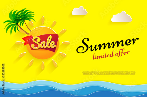 Yellow flyer Summer sale limited offer. Big sun and palm. Sunny day on sea and white clouds. Vector illustrations, paper art and digital crafts style.