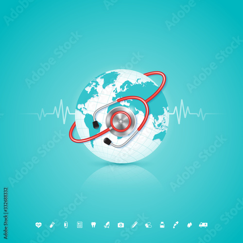 World health day concept world map, heartbeat, stethoscope and flat icons for healthcare and medical vector illustration