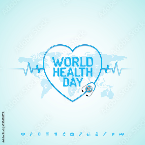 World health day concept world map, heartbeat, stethoscope and flat icons for healthcare and medical vector illustration