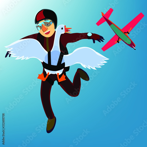 A man parachutes with a goose. Joint jump from the plane of two friends.