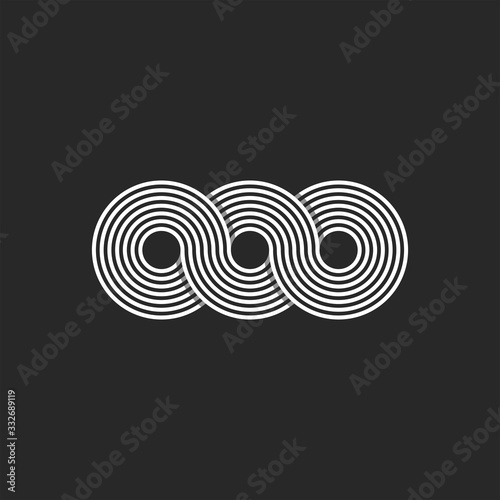 Infinity logo minimalist style infinite circles geometric shape from chain loops, monogram OOO three letters O endless symbol black and white thin lines