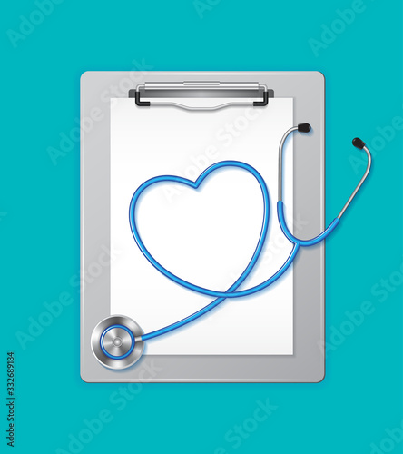 Medical clipboard and paper with stethoscope heart shaped in medicine, medical, health, cross, healthcare ready to help in a hospital on blue background concept vector illustration