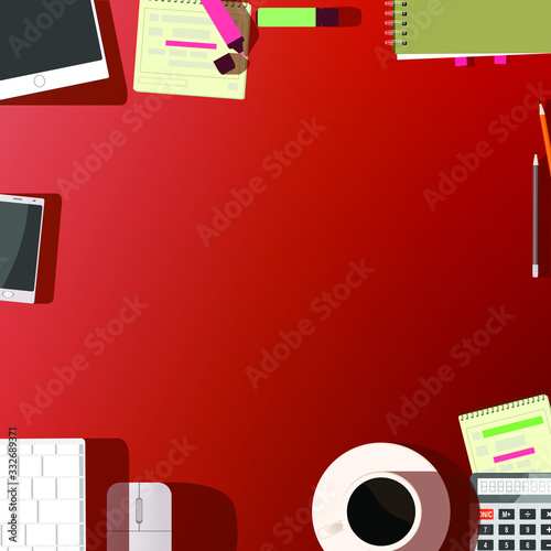 Vector illustration of a businessman’s desktop top view with laptop, smartphone, cup of coffee and office documents.