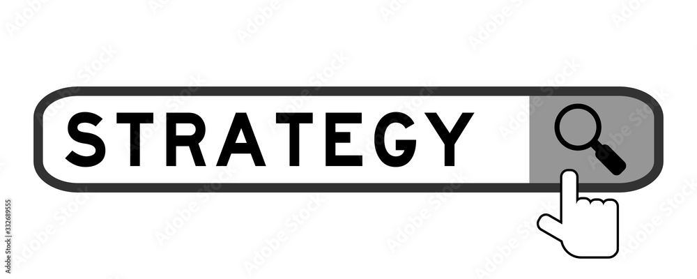 Search box with word strategy and hand icon over magnifier on white background Search box with word strategy and hand icon over magnifier on white background