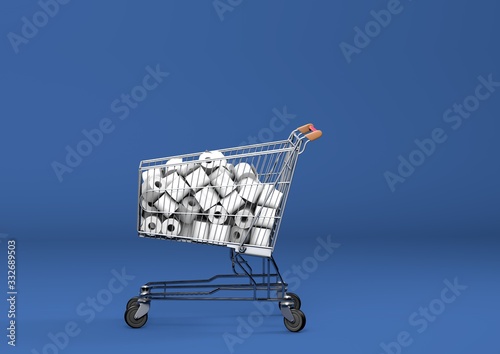 Shoping cart filled with toilet paper. Top view. On blue background. 3D Illustration