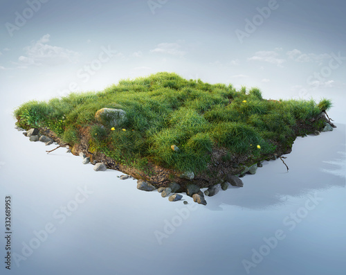 Travel and vacation background. 3d illustration with cut of the ground and the beautiful grass and rocks. Baby grass isolated on blue. photo
