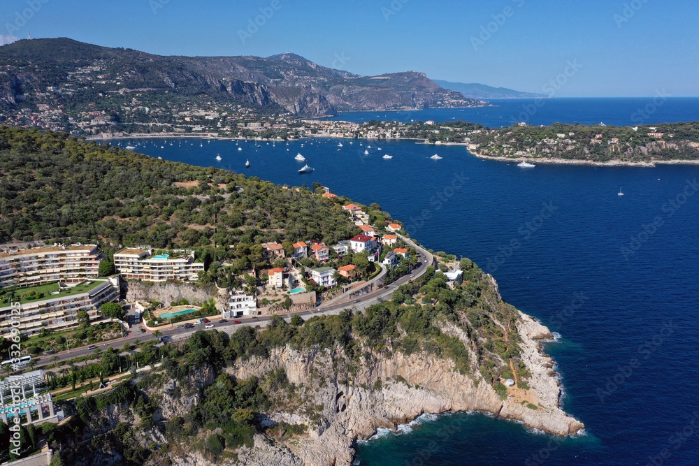 Panoramic view of Villefranche-sur-Mer, France from a bird 's eye view. Coastal line. Cote d 'azur.