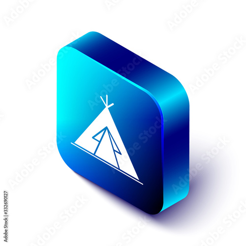 Isometric Traditional indian teepee or wigwam icon isolated on white background. Indian tent. Blue square button. Vector Illustration