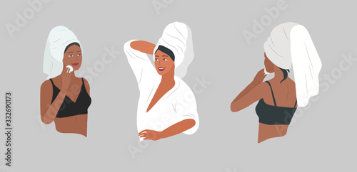 Cute girl with towel on head care for her skin after bathing, cleanses face and makeup. Feminine Daily life by young woman. Cartoon vector