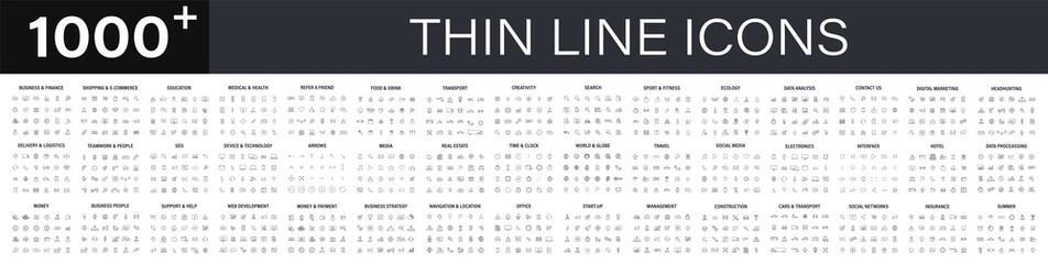 Big set of 1000 thin line Web icon. Business, finance, shopping, logistics, medical, health, people, teamwork, contact us, arrows, electronics, social media, education, management, creativity. Vector