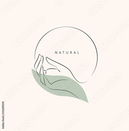 Logo design template in trendy linear minimal style. Vector abstract hands. Abstract symbol for organic products, beauty cosmetics, jewellery