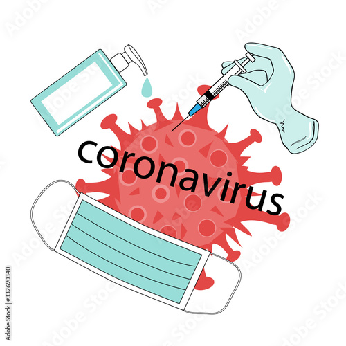 Vector illustration with coronavirus and methods of protection. Prick, antiseptic and protective mask on a white background. Epidemic disease concept