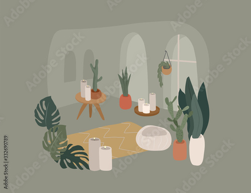 Cute girl doing yoga poses. Lifestyle by young woman in home interior with homeplants. Fashion illustration by femininity, beauty and mental health. Feminine cartoon