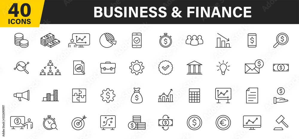 Set of 40 Business and Finance web icons in line style. Money, dollar, infographic, banking. Vector illustration. Set of 40 Business and Finance web icons in line style. Money, dollar, infographic, banking. Vector illustration.