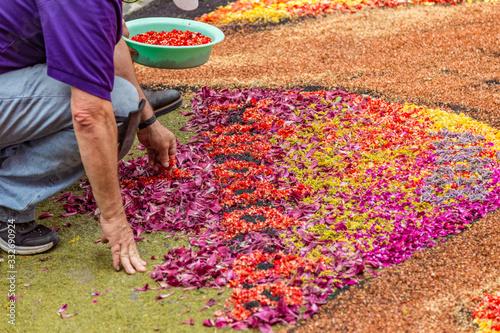 la Orotava, Tenerife, Spain - June 27, 2019. Beautiful flower carpets in La Orotava during Corpus Christi. Colorful Flower petals, twigs, needles, seeds. Warm summer evening and joyful visitors