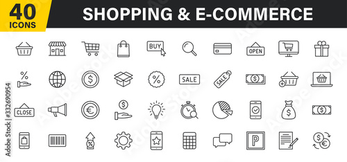 Set of 40 E-commerce and shopping web icons in line style. Mobile Shop, Digital marketing, Bank Card, Gifts. Vector illustration.