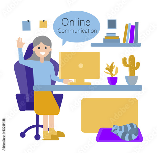 Home isolation of an old man during a coronavirus outbreak concept. Grandmother communicates on the Internet for a computer. Vector hand drawn flat illustration
